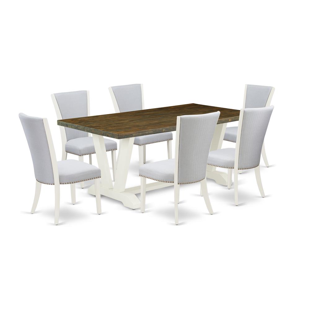 East West Furniture 7-Pc Dining Room Set Includes 6 Mid Century Dining Chairs with Upholstered Seat-Rectangular Wooden Dining Table - Distressed Jacobean and Wirebrushed Linen White Finish. Picture 1
