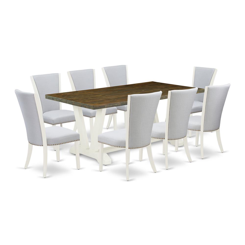East West Furniture 9-Pc Dining Room Table Set Includes 8 Mid Century Dining Chairs with Upholstered Seat and Stylish Back-Rectangular Table - Distressed Jacobean and Wirebrushed Linen White Finish. Picture 1