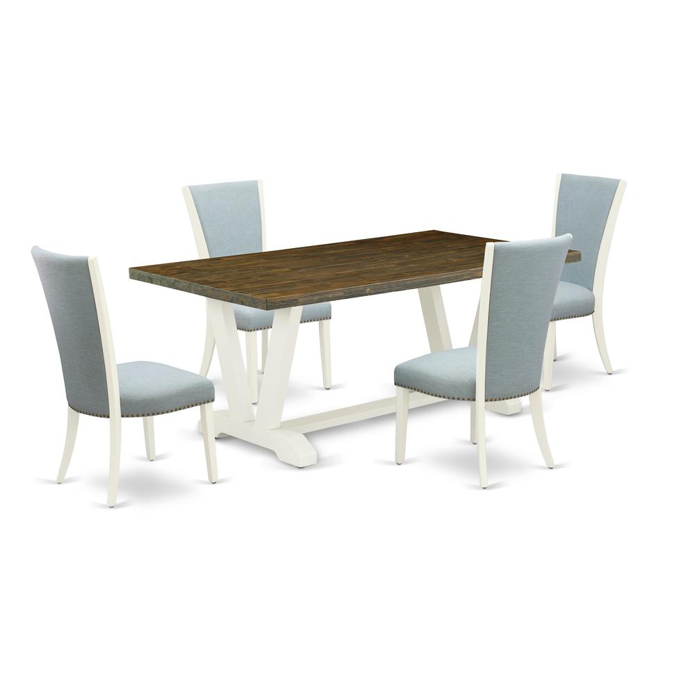 East West Furniture V077VE215-5 5 Piece Mid Century Dining Set - 4 Baby Blue Linen Fabric Parson Chairs with Nailheads and Distressed Jacobean Wooden Table - Linen White Finish. Picture 1