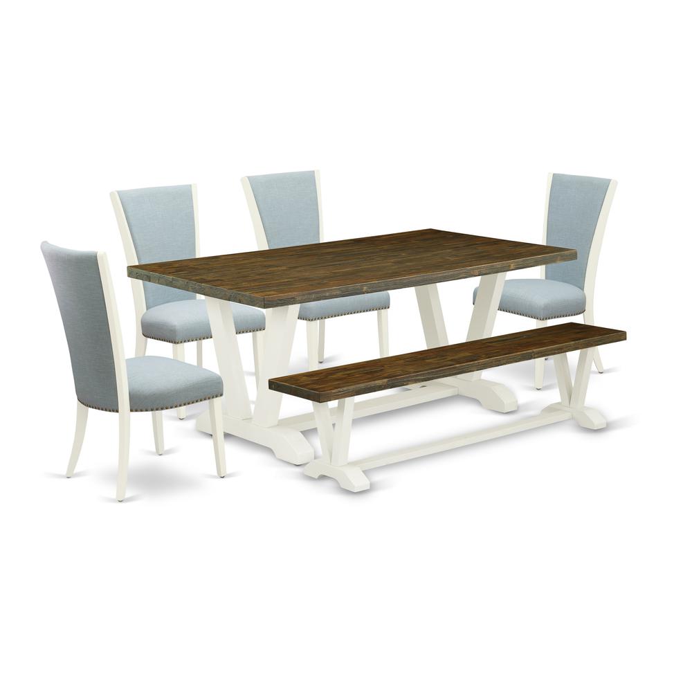 East West Furniture V077VE215-6 6 Piece Dining Table Set - 4 Baby Blue Linen Fabric Dining Chair with Nailheads and Distressed Jacobean Dining Table - 1 Kitchen Bench - Linen White Finish. Picture 1