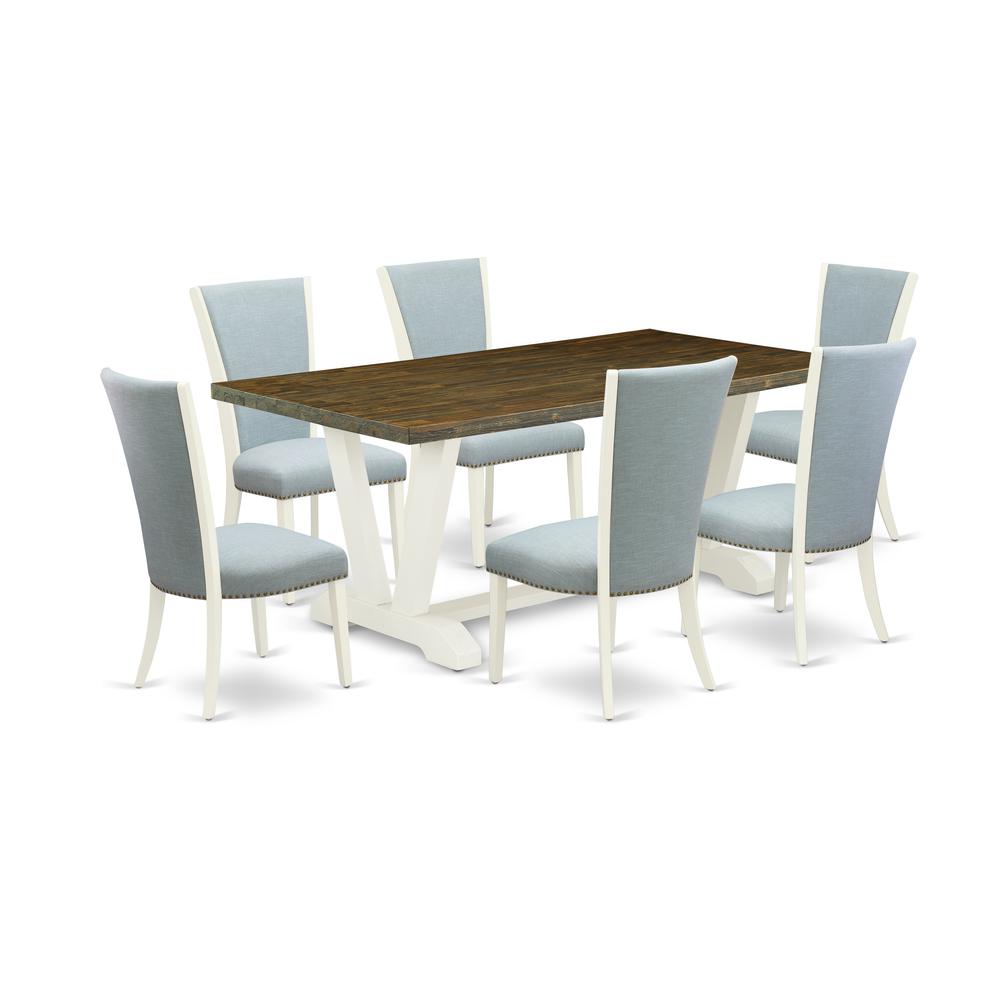 East West Furniture V077VE215-7 7 Piece Dining Set - 6 Baby Blue Linen Fabric Kitchen Chairs with Nail Heads and Distressed Jacobean Kitchen Table - Linen White Finish. Picture 1