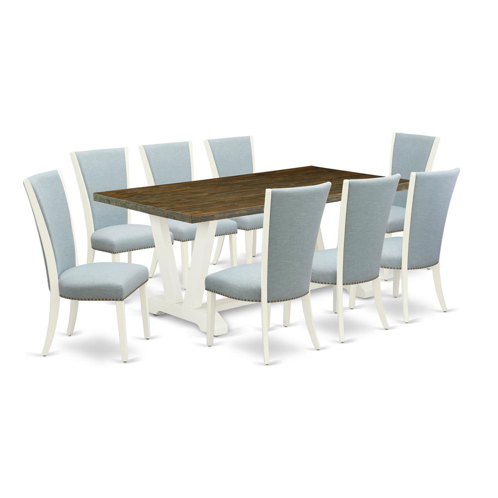 East West Furniture V077VE215-9 9 Piece Dining Table Set - 8 Baby Blue Linen Fabric Kitchen Chairs with Nailheads and Distressed Jacobean Wooden Table - Linen White Finish. Picture 1