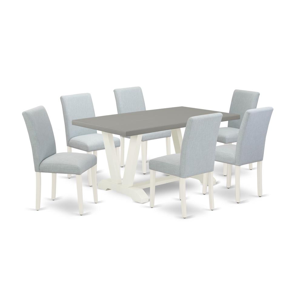 East West Furniture 7-Piece Dinette Set Includes 6 Dining Chairs with Upholstered Seat and High Back and a Rectangular Dinner Table - Linen White Finish. Picture 1