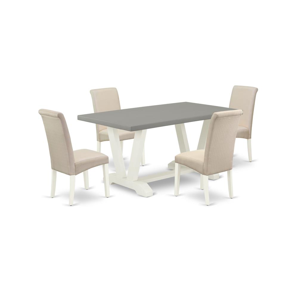 East West Furniture V096BA201-5 5-Piece Gorgeous Dining Room Set an Outstanding Cement Color Kitchen Table Top and 4 Excellent Linen Fabric Dining Room Chairs with High Roll Chair Back, Linen White Fi. Picture 1