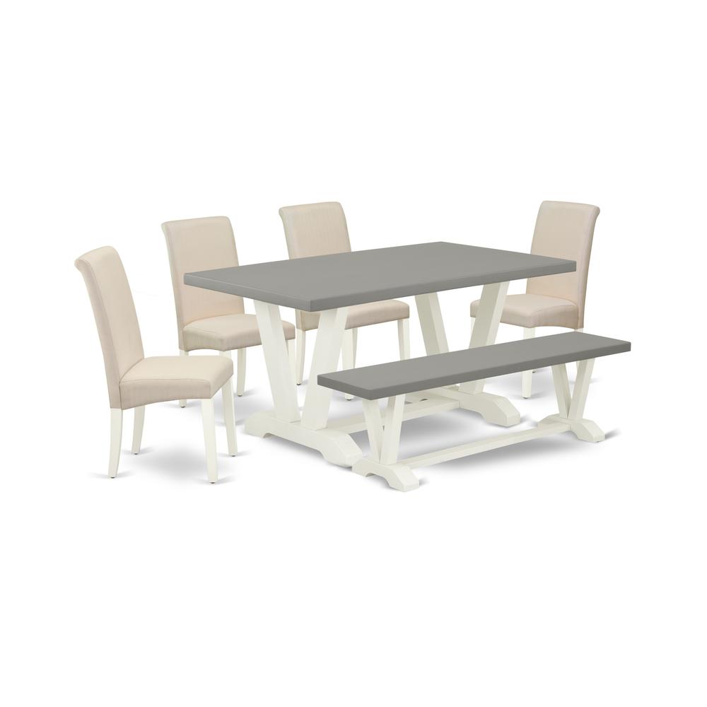 East West Furniture V096BA201-6 6-Piece Beautiful Dining Table Set an Excellent Cement Color Dining Table Top and Cement Color Bench and 4 Gorgeous Linen Fabric Padded Parson Chairs with High Roll Cha. Picture 1