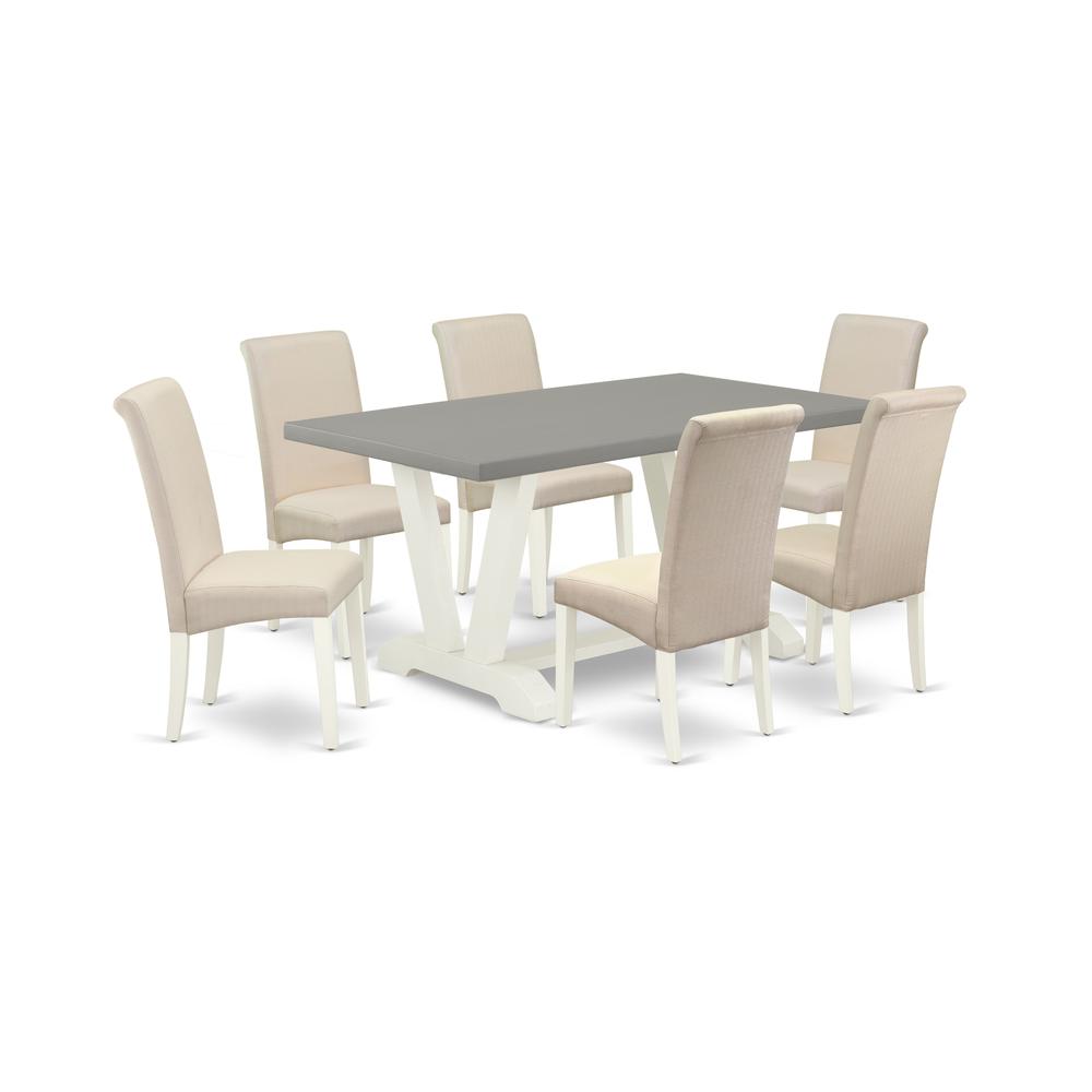 East West Furniture V096BA201-7 7-Piece Stylish Modern Dining Table Set a Superb Cement Color Dining Room Table Top and 6 Excellent Linen Fabric Dining Chairs with High Roll Chair Back, Linen White Fi. Picture 1