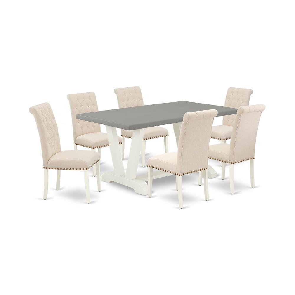 East West Furniture V096BR202-7 7-Piece Awesome Dining Table Set an Outstanding Cement Color rectangular Table Top and 6 Stunning Linen Fabric Padded Chairs with Nail Heads and Button Tufted Chair Bac. Picture 1