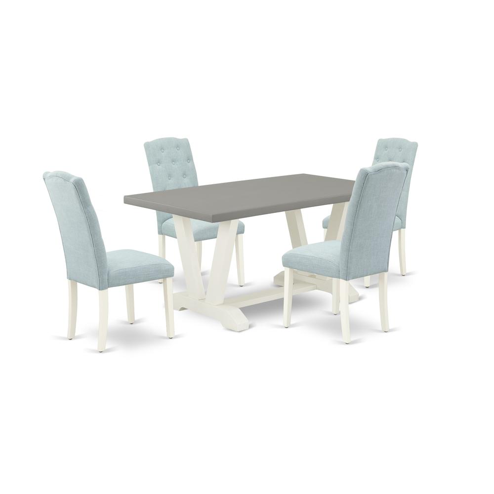 East West Furniture 5-Piece Dining Room Table Set- 4 Parson Dining Room Chairs with Baby Blue Linen Fabric Seat and Button Tufted Chair Back - Rectangular Table Top & Wooden Legs - Cement and Linen Wh. Picture 1