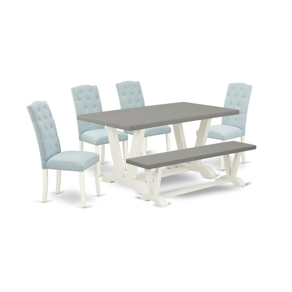 East West Furniture 6-Pc Kitchen Dining Set- 4 Dining Chairs with Baby Blue Linen Fabric Seat and Button Tufted Chair Back - Rectangular Top & Wooden Legs Wood Kitchen Table and Small Bench - Cement a. Picture 1
