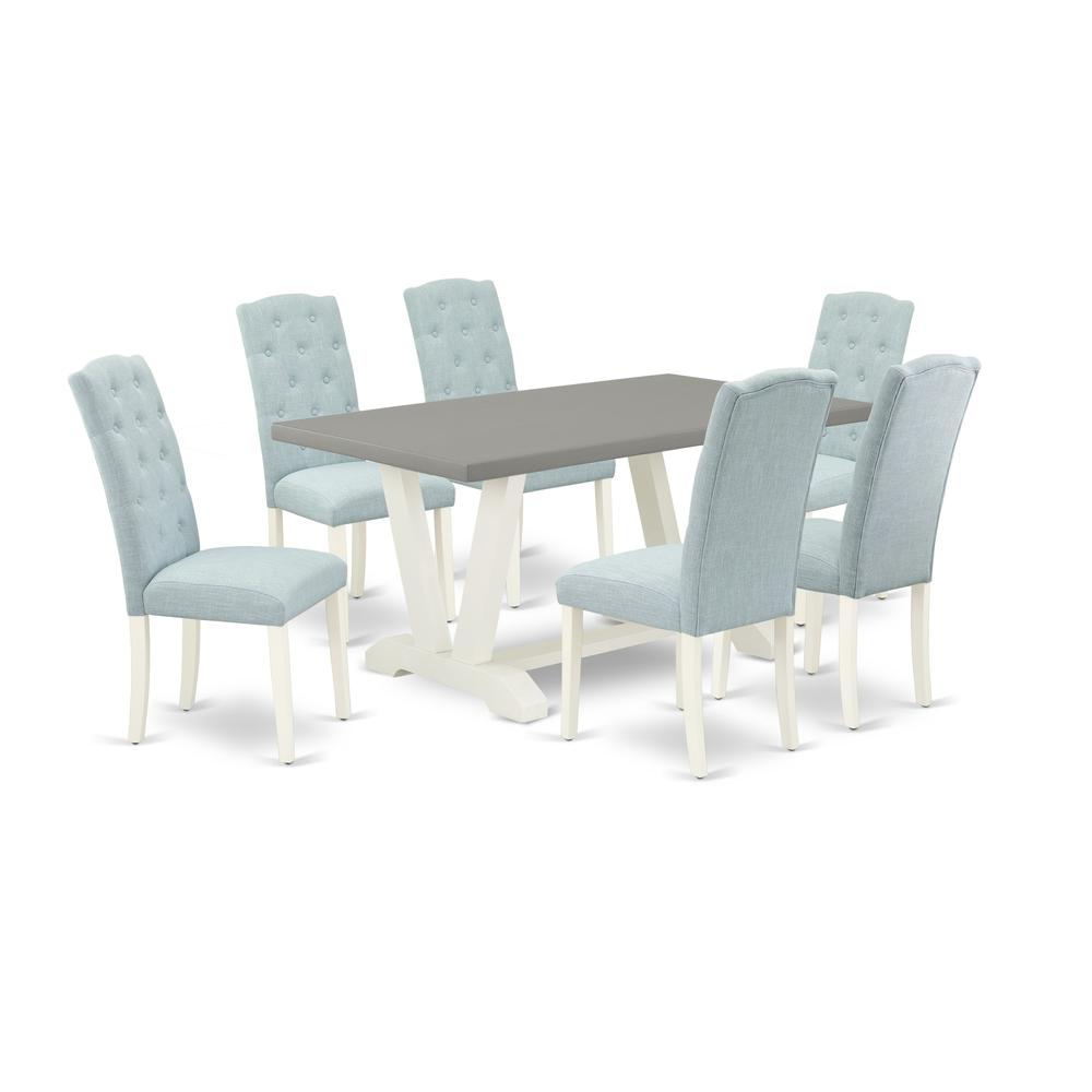 East West Furniture 7-Pc Modern Dining Set- 6 Dining Padded Chairs with Baby Blue Linen Fabric Seat and Button Tufted Chair Back - Rectangular Table Top & Wooden Legs - Cement and Linen White Finish. The main picture.
