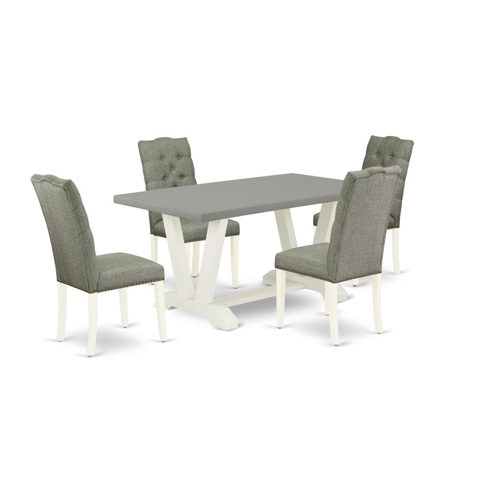 East West Furniture 5-Pc Dining Room Set- 4 Parson Chairs with Smoke Linen Fabric Seat and Button Tufted Chair Back - Rectangular Table Top & Wooden Legs - Cement and Linen White Finish. Picture 1