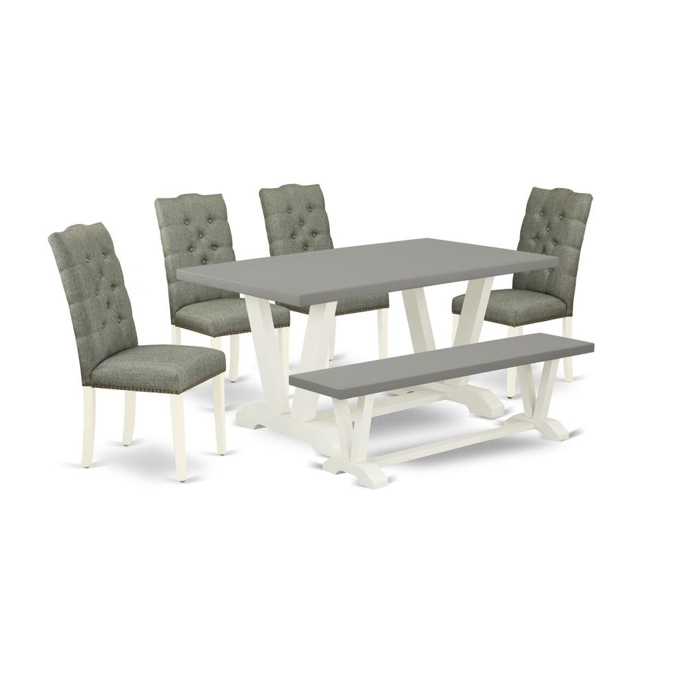 East West Furniture 6-Piece Dining Table Set- 4 Kitchen Parson Chairs with Smoke Linen Fabric Seat and Button Tufted Chair Back - Rectangular Top & Wooden Legs Kitchen Dining Table and Kitchen Bench -. Picture 1