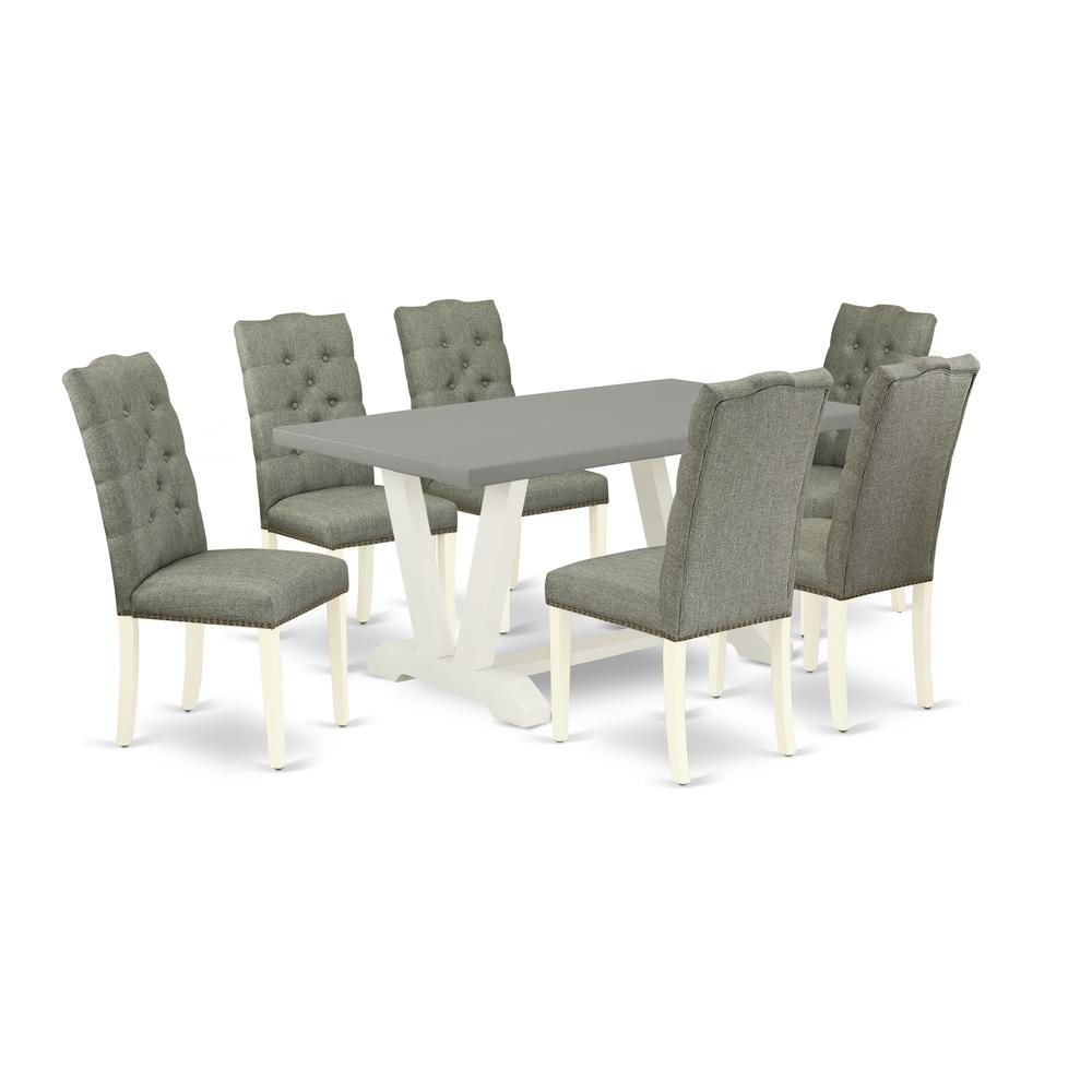 East West Furniture 7-Pc Dining Room Set- 6 Kitchen Chairs with Smoke Linen Fabric Seat and Button Tufted Chair Back - Rectangular Table Top & Wooden Legs - Cement and Linen White Finish. Picture 1