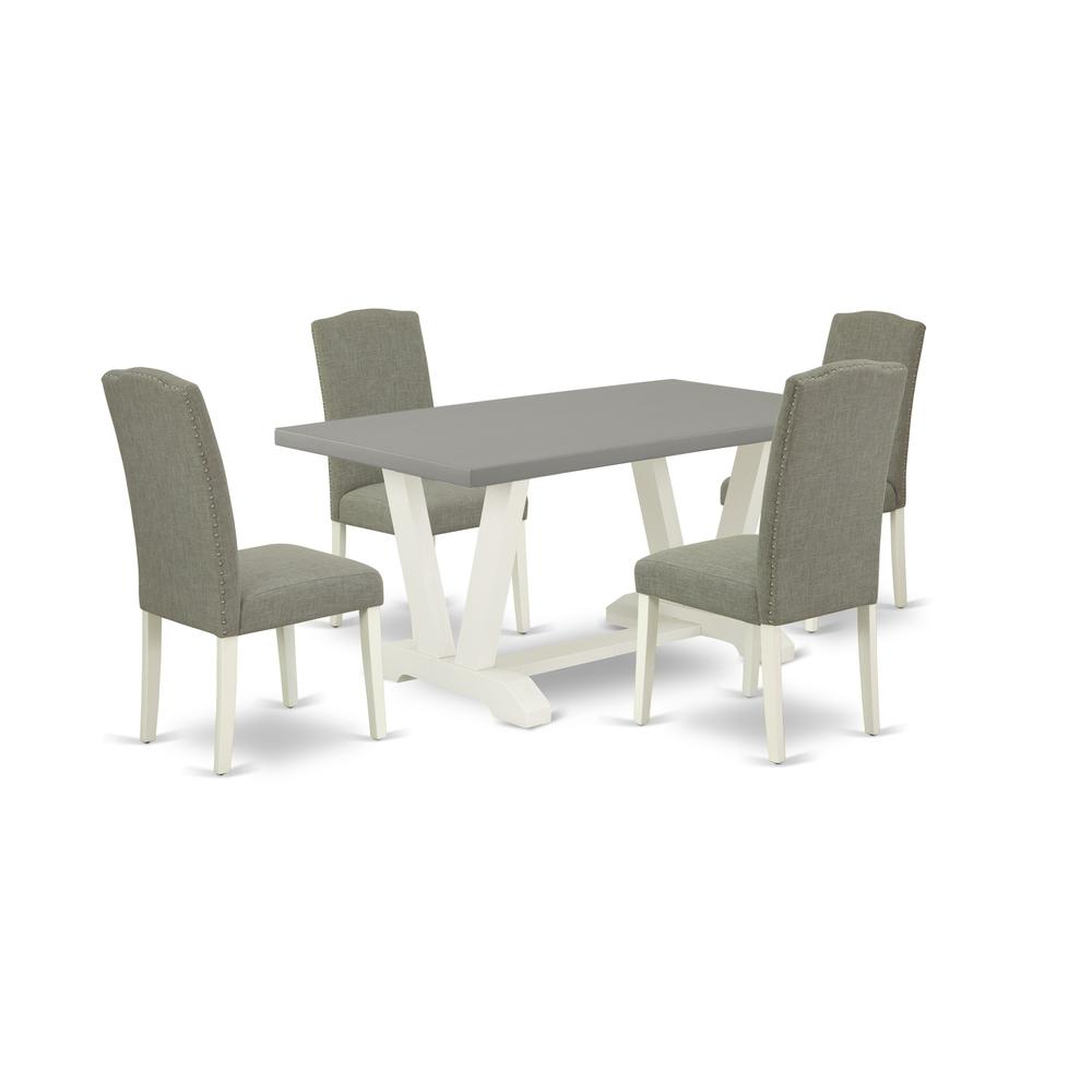 East West Furniture 5-Piece Amazing Dinette Set an Excellent Cement Color Wood Table Top and 4 Stunning Linen Fabric Dining Chairs with Nails Head and Stylish Chair Back, Linen White Finish. Picture 1