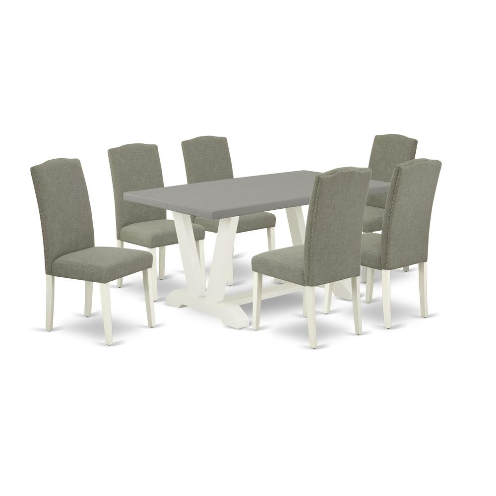 East West Furniture 7-Piece Fashionable Dining Room Table Set a Good Cement Color Kitchen Rectangular Table Top and 6 Excellent Linen Fabric Parson Chairs with Nail Heads and Stylish Chair Back, Linen. Picture 1