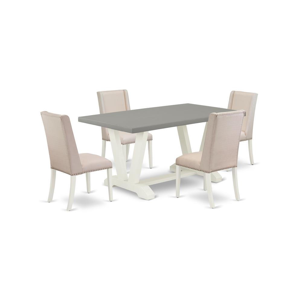 East West Furniture V096FL201-5 5-Piece Beautiful a Good Cement Color Kitchen Table Top and 4 Lovely Linen Fabric Solid Wood Leg Chairs with Nail Heads and Stylish Chair Back, Linen White Finish. Picture 1