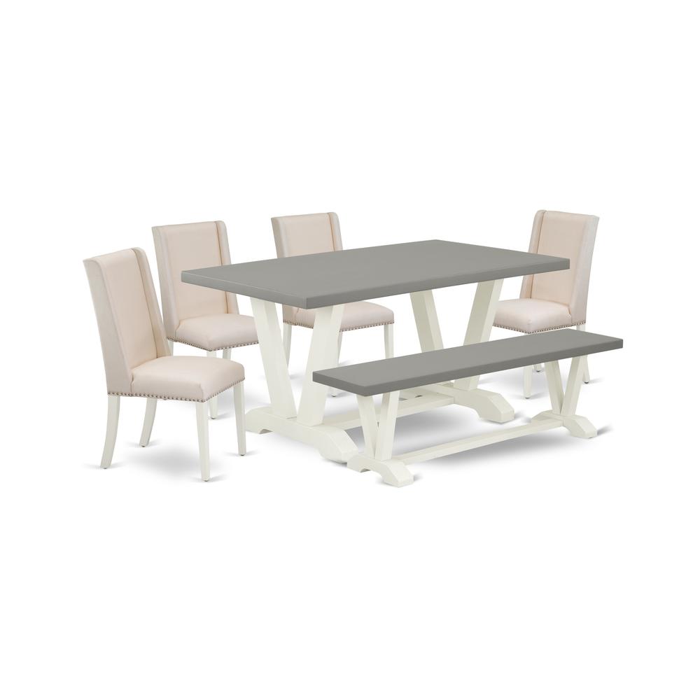 East West Furniture V096FL201-6 6-Piece Modern Dining Room Table Set an Excellent Cement Color dining table Top and Cement Color Small Bench and 4 Lovely Linen Fabric Padded Chairs with Nail Heads and. Picture 1