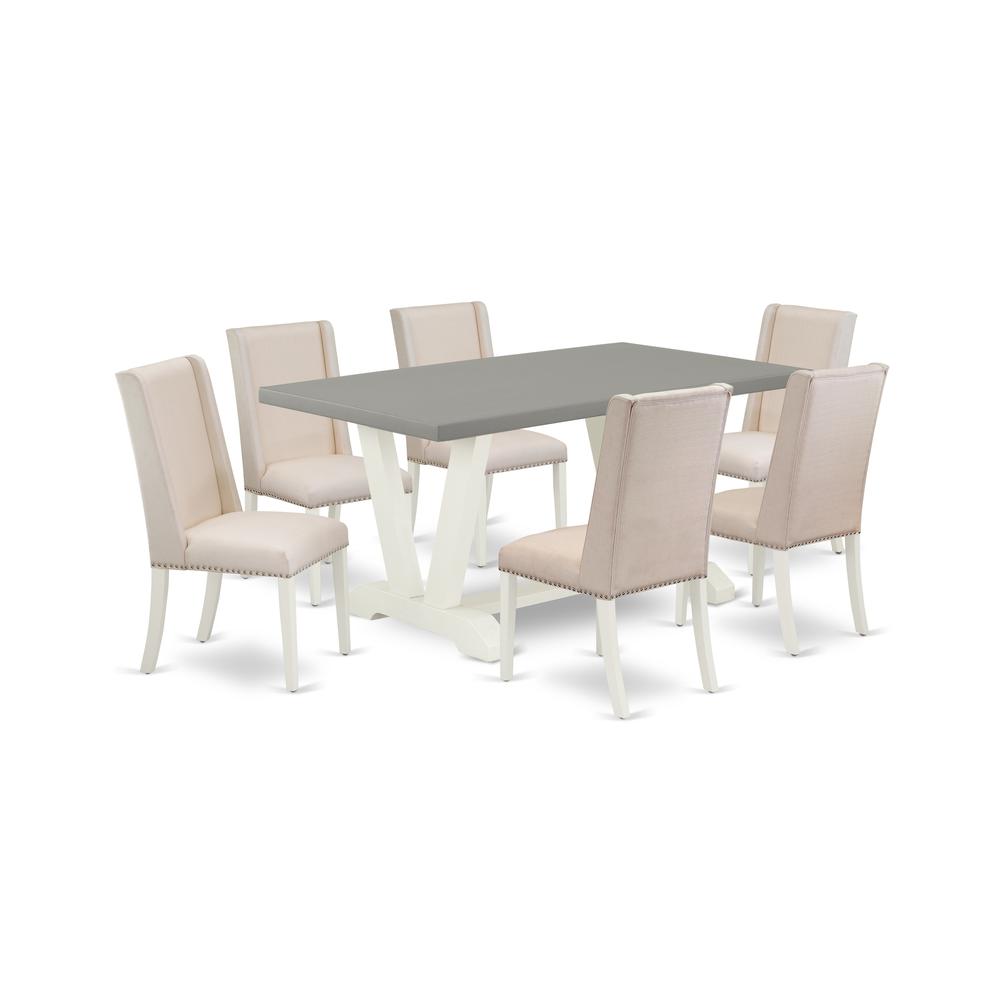 East West Furniture V096FL201-7 7-Piece Fashionable Dining Room Table Set an Outstanding Cement Color Kitchen Table Top and 6 Lovely Linen Fabric Kitchen Chairs with Nail Heads and Stylish Chair Back,. Picture 1