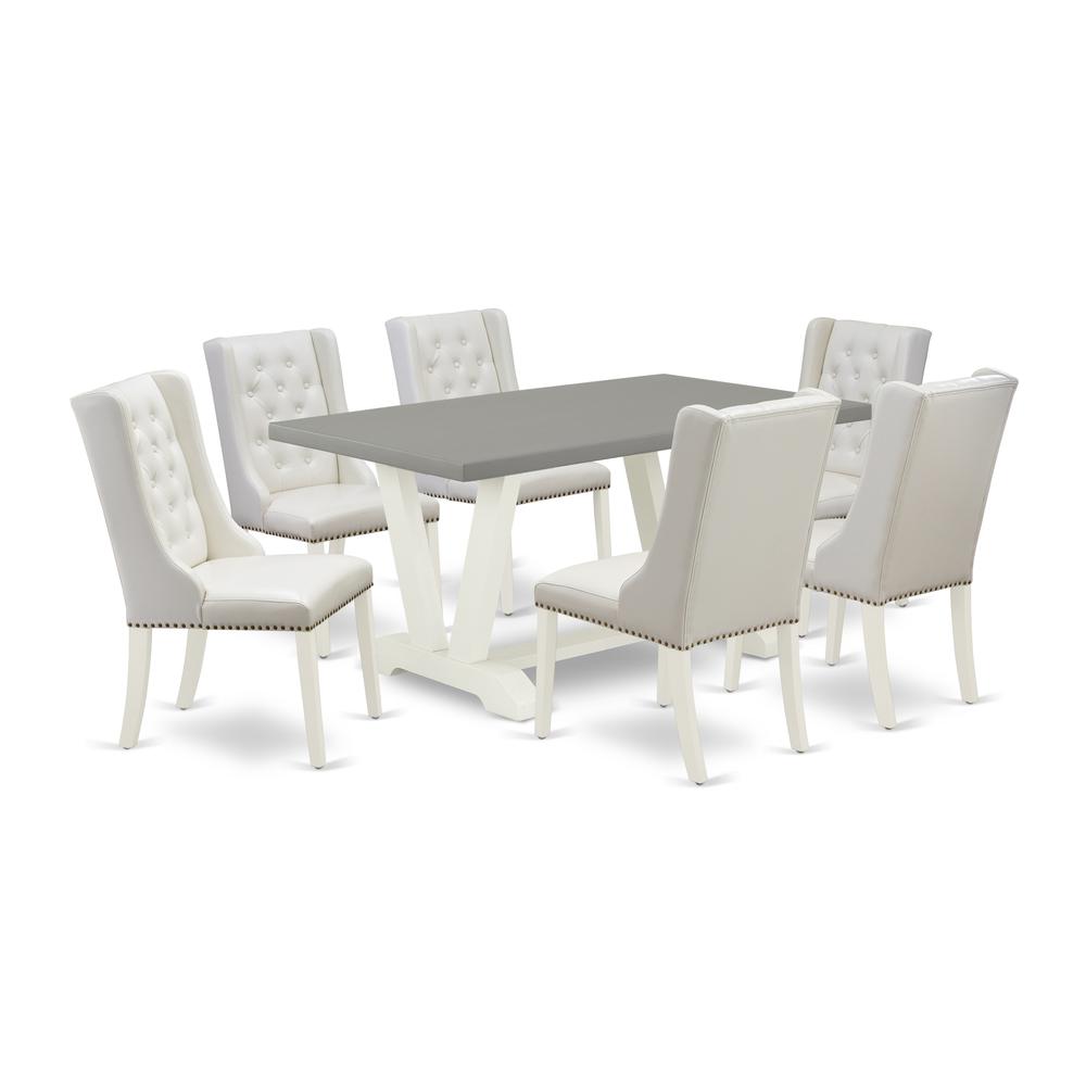 East West Furniture V096FO244-7 7-Pc Dining Room Table Set Consists of 6 White Pu Leather Padded Chair Button Tufted with Nailheads and Wooden Dining Table - Linen White Finish. Picture 1