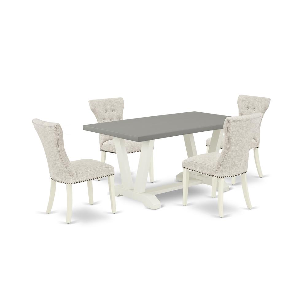 East West Furniture 5-Piece Modern Dining Table Set- 4 Dining Padded Chairs with Doeskin Linen Fabric Seat and Button Tufted Chair Back - Rectangular Table Top & Wooden Legs - Cement and Linen White F. Picture 1