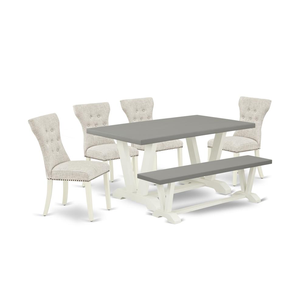 East West Furniture 6-Pc Modern Dining Set- 4 Kitchen Parson Chairs with Doeskin Linen Fabric Seat and Button Tufted Chair Back - Rectangular Top & Wooden Legs Dining Room table and Dining Bench - Cem. Picture 1