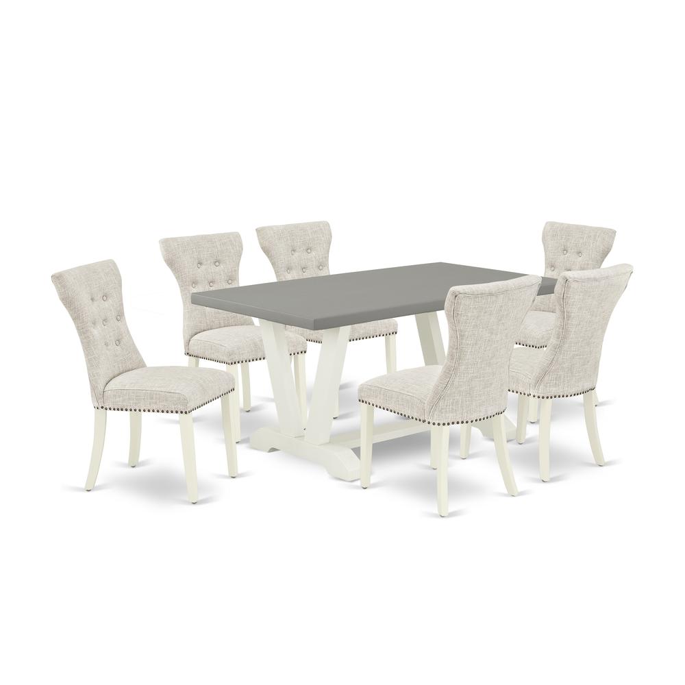 East West Furniture 7-Piece Dining Set- 6 Parson Dining Chairs with Doeskin Linen Fabric Seat and Button Tufted Chair Back - Rectangular Table Top & Wooden Legs - Cement and Linen White Finish. Picture 1