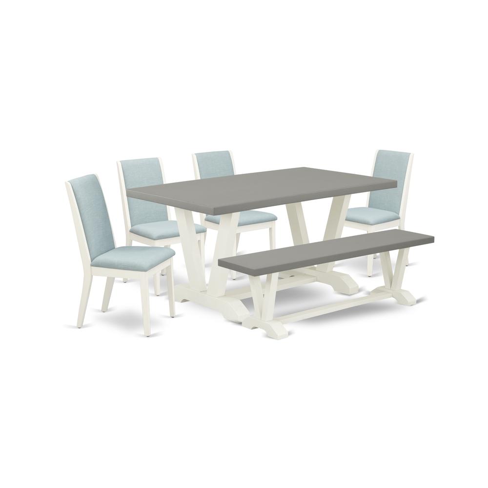East West Furniture V096LA015-6 6-Piece Gorgeous Rectangular Table Set an Excellent Cement Color Dining Room Table Top and Cement Color Indoor Bench and 4 Wonderful Linen Fabric Padded Chairs with Sty. The main picture.