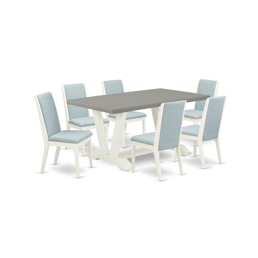 East West Furniture V096LA015-7 7-Piece Fashionable kitchen table set an Excellent Cement Color rectangular Table Top and 6 Gorgeous Linen Fabric Dining Chairs with Stylish Chair Back, Linen White Fin. Picture 1