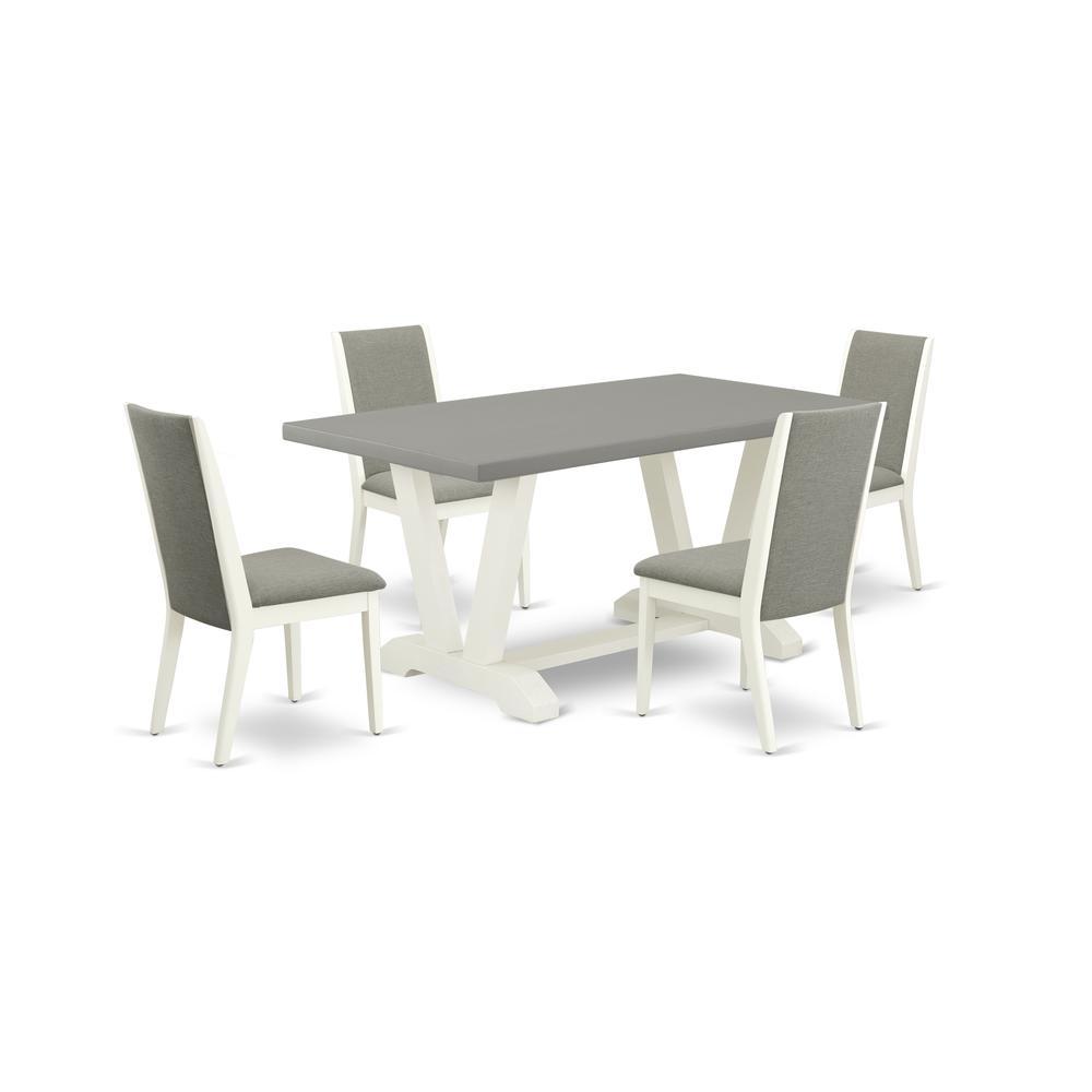 East West Furniture V096LA206-5 5-Piece Stylish Modern Dining Table Set a Good Cement Color Kitchen Rectangular Table Top and 4 Lovely Linen Fabric Kitchen Chairs with Stylish Chair Back, Linen White. Picture 1