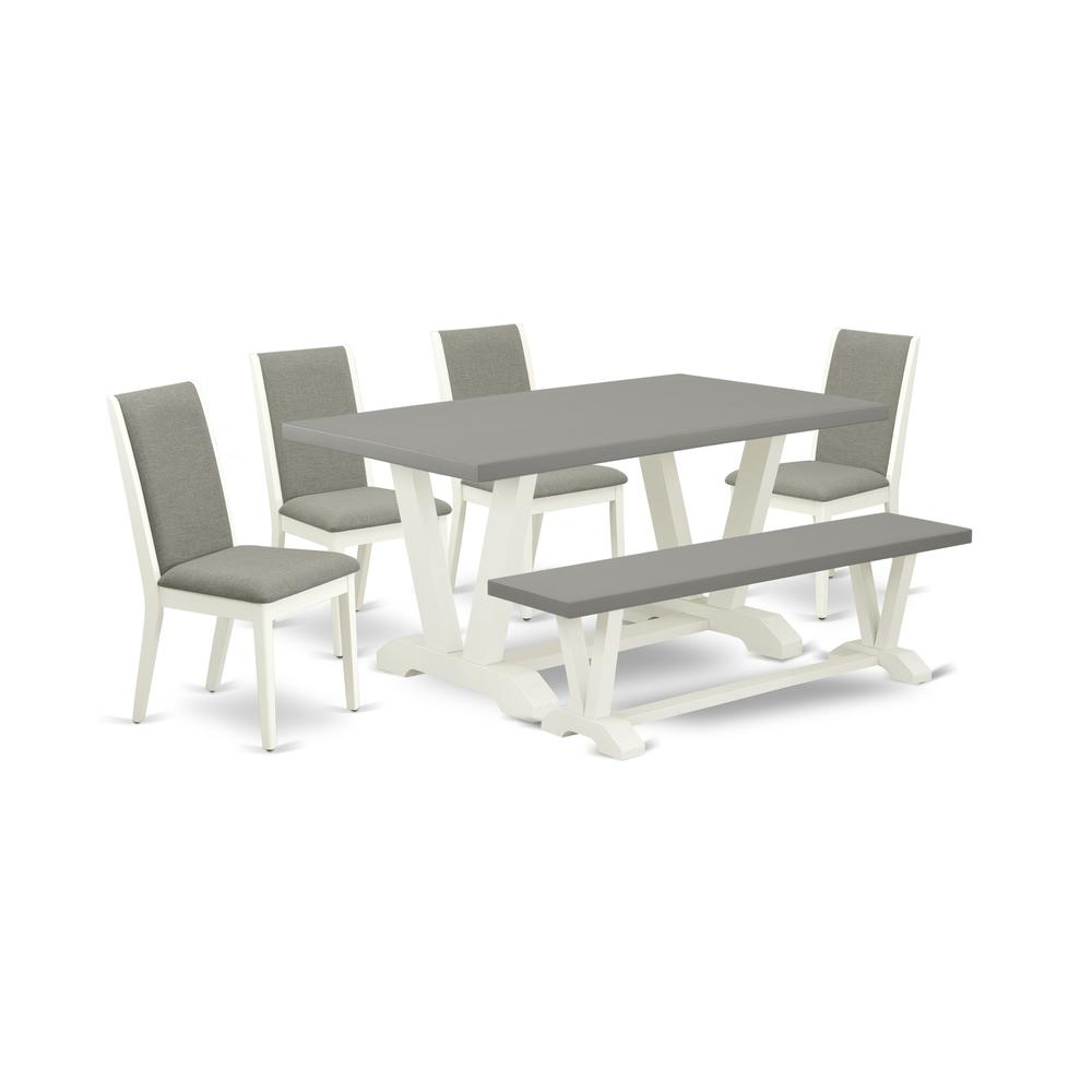 East West Furniture V096LA206-6 6-Piece Stylish Dining Set a Good Cement Color Kitchen Rectangular Table Top and Cement Color Wood Bench and 4 Stunning Linen Fabric Padded Chairs with Stylish Chair Ba. Picture 1