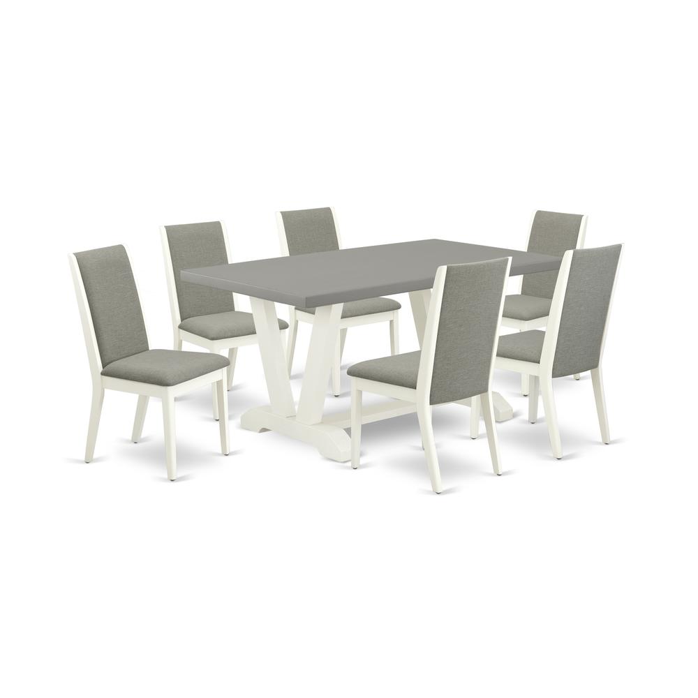 East West Furniture V096LA206-7 7-Piece Beautiful Dining Set a Superb Cement Color Wood Table Top and 6 Gorgeous Linen Fabric Dining Chairs with Stylish Chair Back, Linen White Finish. Picture 1