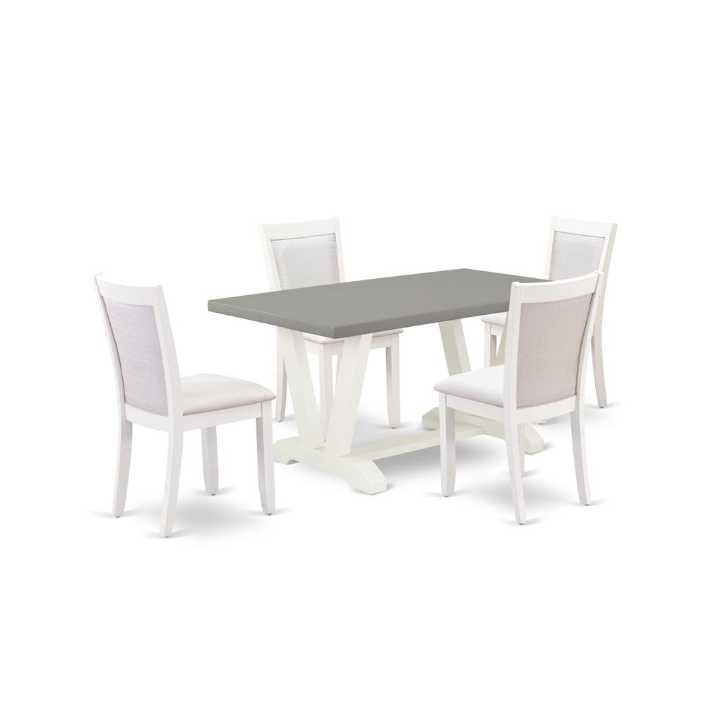 East West Furniture 5-Piece Dining Room Table Set Includes a Wood Dining Table and 4 Cream Linen Fabric Upholstered Chairs with Stylish Back - Wire Brushed Linen White Finish. Picture 2