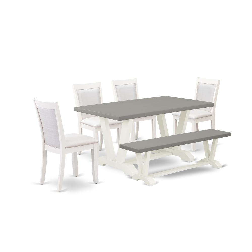 East West Furniture 6-Piece Dining Table Set Includes a Wood Dining Table - 4 Cream Linen Fabric Upholstered Chairs with Stylish Back and a Small Bench - Wire Brushed Linen White Finish. Picture 2