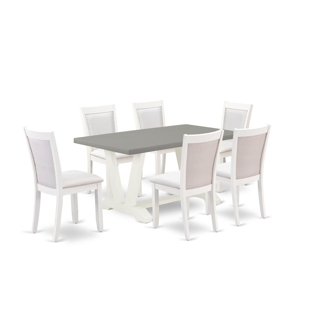 East West Furniture 7-Piece Dining Table Set Includes a Rectangular Dining Table and 6 Cream Linen Fabric Kitchen Chairs with Stylish Back - Wire Brushed Linen White Finish. Picture 2