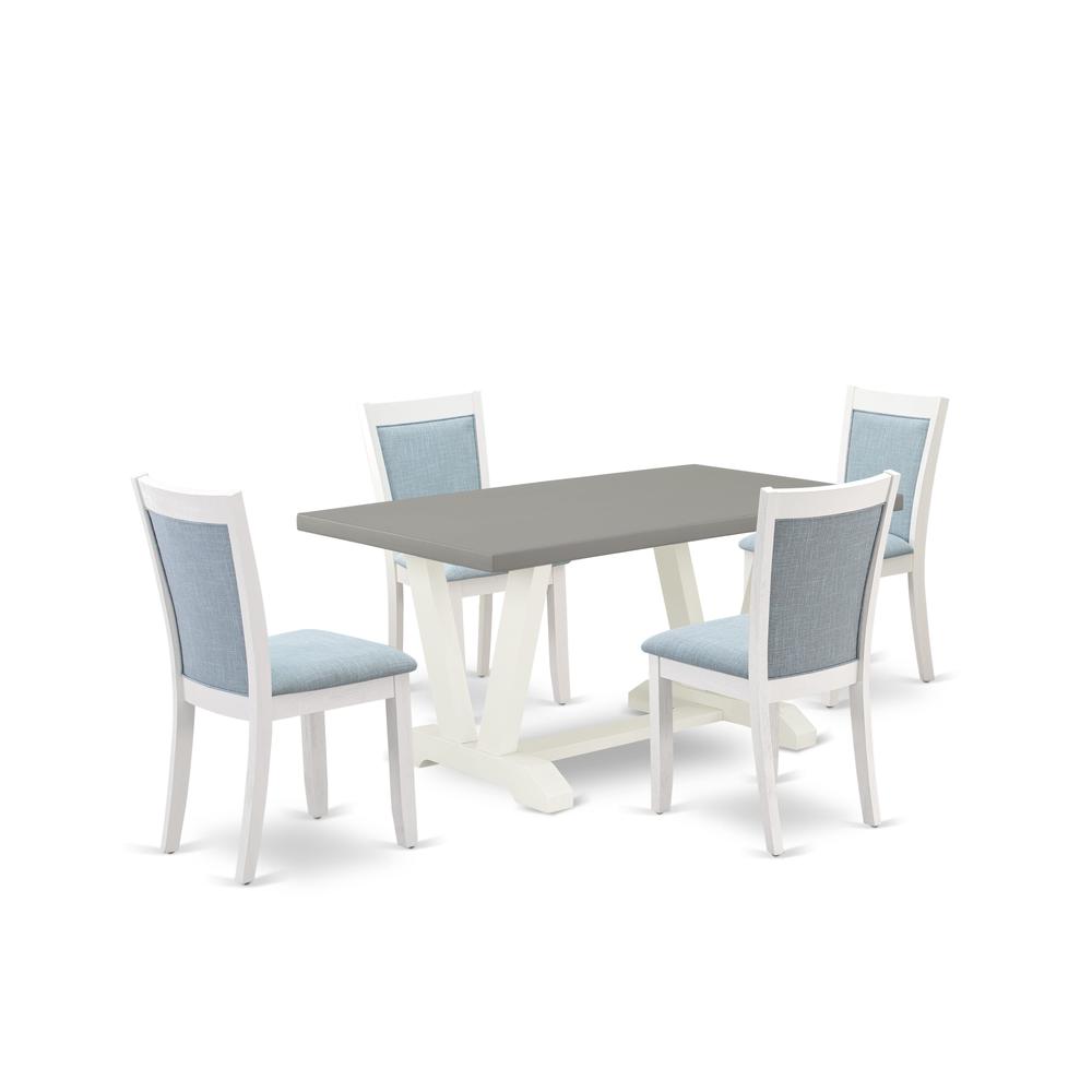 East West Furniture 5-Piece Dinner Table Set Includes a Kitchen Table and 4 Baby Blue Linen Fabric Dining Chairs with Stylish Back - Wire Brushed Linen White Finish. Picture 2