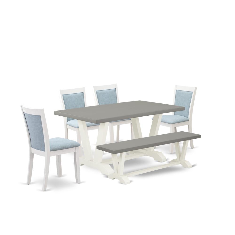 East West Furniture 6-Piece Dinner Table Set Includes a Modern Table - 4 Baby Blue Linen Fabric Dining Chairs with Stylish Back and a Small Bench - Wire Brushed Linen White Finish. Picture 2