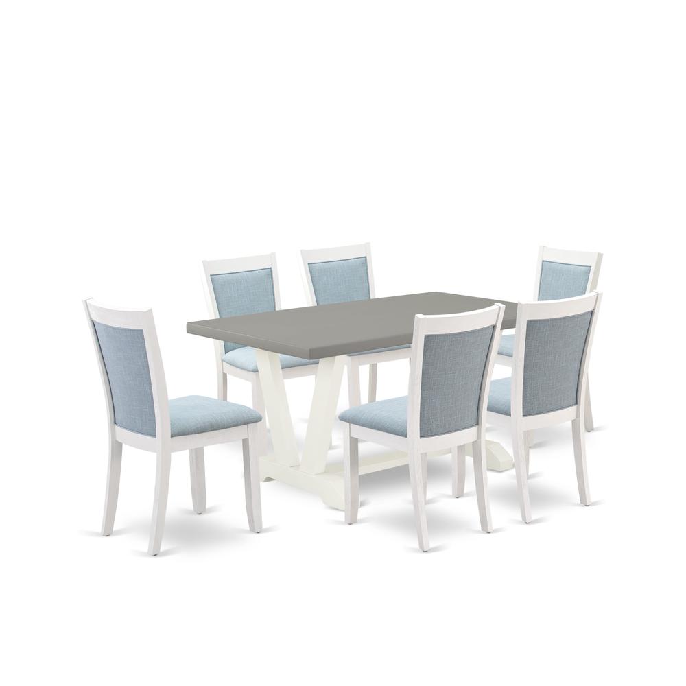 East West Furniture 7-Piece Dinette Set Includes a Modern Dining Table and 6 Baby Blue Linen Fabric Parsons Chairs with Stylish Back - Wire Brushed Linen White Finish. Picture 2