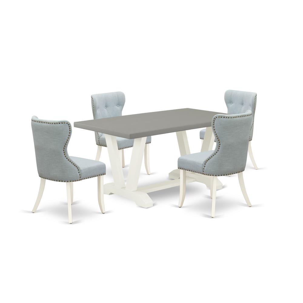 East West Furniture V096SI215-5 5-Piece Kitchen Dining Set- 4 Dining Chair with Baby Blue Linen Fabric Seat and Button Tufted Chair Back - Rectangular Table Top & Wooden Legs - Cement and Linen White. Picture 1