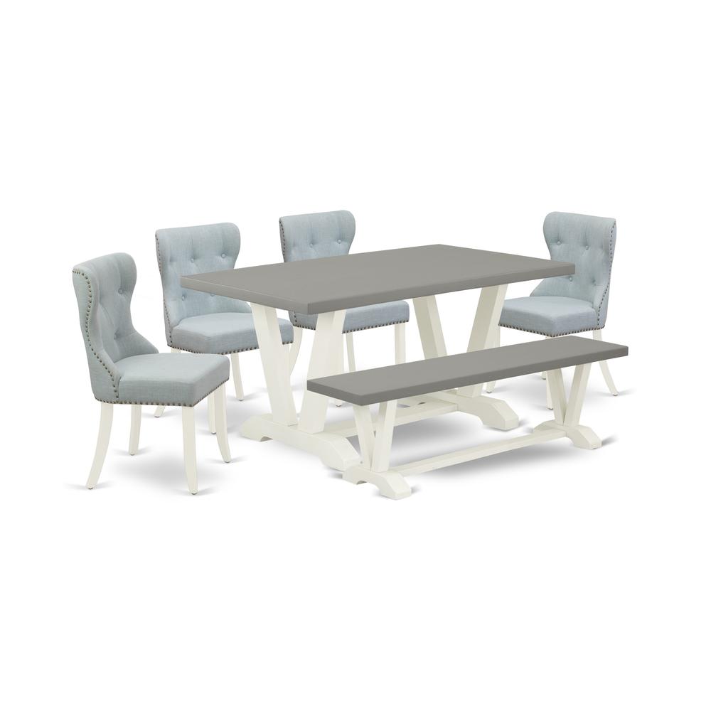 East West Furniture V096SI215-6 6-Piece Dining Room Table Set- 4 Parson Chairs with Baby Blue Linen Fabric Seat and Button Tufted Chair Back - Rectangular Top & Wooden Legs dining table and Bench - Ce. Picture 1