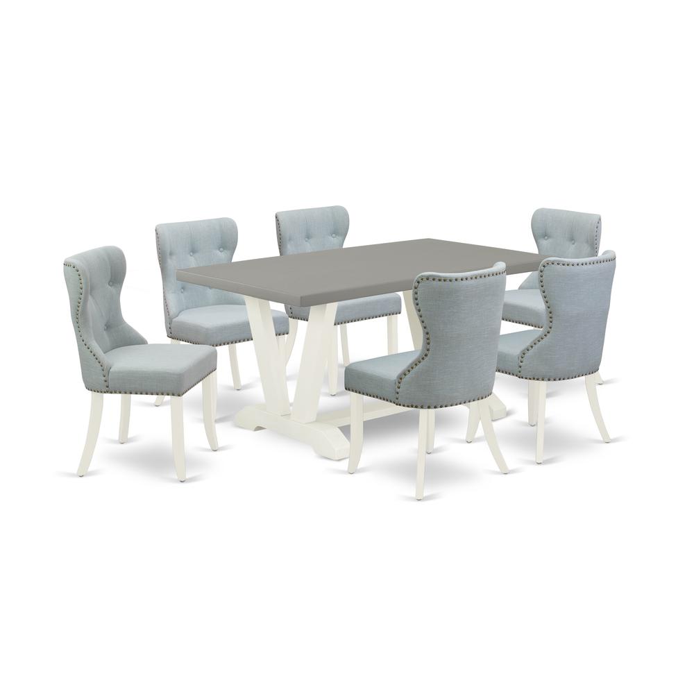 East West Furniture V096SI215-7 7-Pc Dining Room Set- 6 Mid Century Dining Chairs with Baby Blue Linen Fabric Seat and Button Tufted Chair Back - Rectangular Table Top & Wooden Legs - Cement and Linen. Picture 1