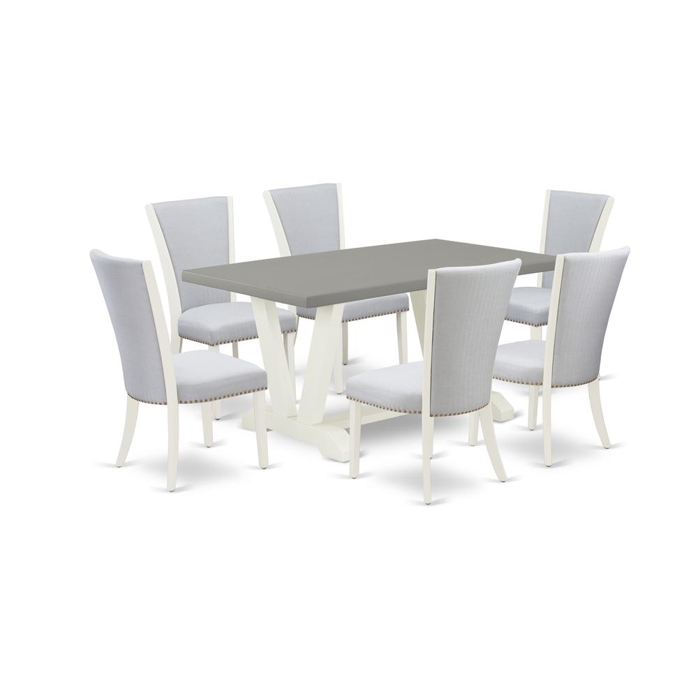 East West Furniture 7-Pc Dining Room Table Set Consists of 6 Dining Chairs with Upholstered Seat and Stylish Back-Rectangular Breakfast Table - Cement and Wirebrushed Linen White Finish. Picture 1