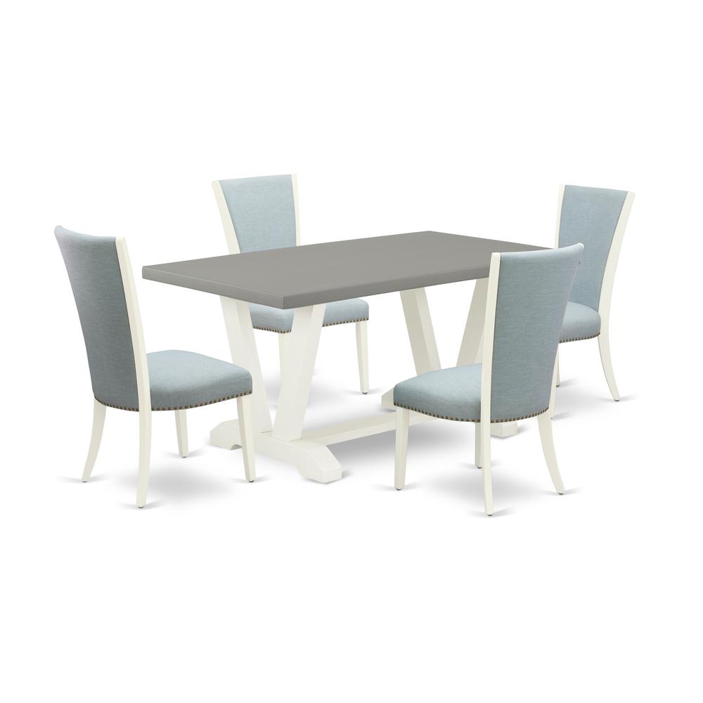 East West Furniture V096VE215-5 5 Piece Dining Room Table Set - 4 Baby Blue Linen Fabric Dining Room Chair with Nail heads and Cement Dining Room Table - Linen White Finish. Picture 1