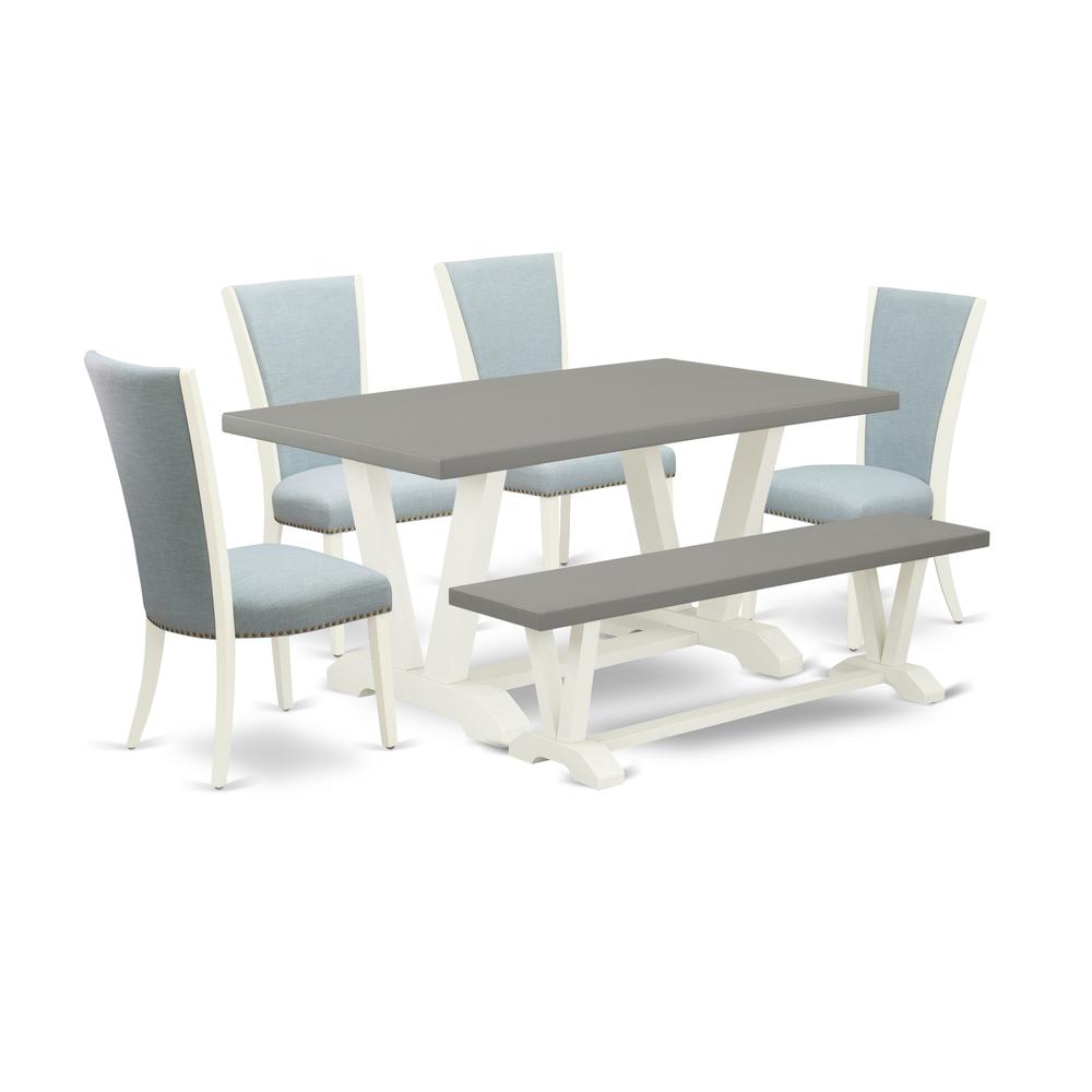 East West Furniture V096VE215-6 6 Piece Dining Set - 4 Baby Blue Linen Fabric Dining Room Chairs with Nailheads and Cement Modern Dining Table - 1 Modern Bench - Linen White Finish. Picture 1