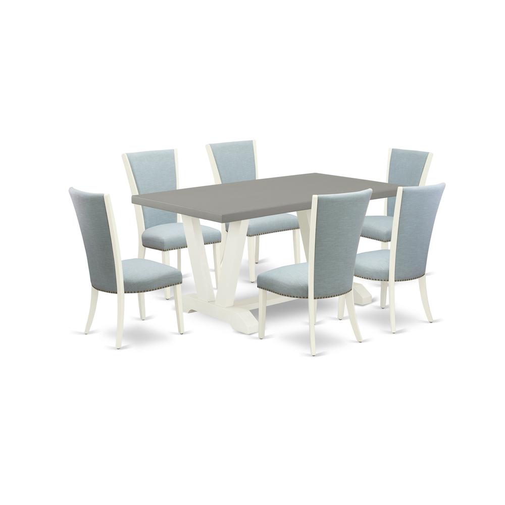 East West Furniture V096VE215-7 7 Piece Dining Table Set - 6 Baby Blue Linen Fabric Upholstered Chair with Nailheads and Cement Wood Dining Table - Linen White Finish. Picture 1