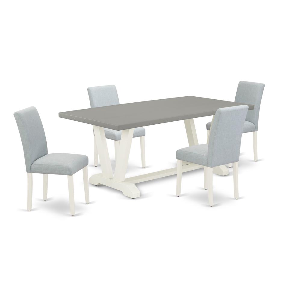 East West Furniture 5-Pc Modern Dining Table Set Includes 4 Mid Century Dining Chairs with Upholstered Seat and High Back and a Rectangular Breakfast Table - Linen White Finish. Picture 1