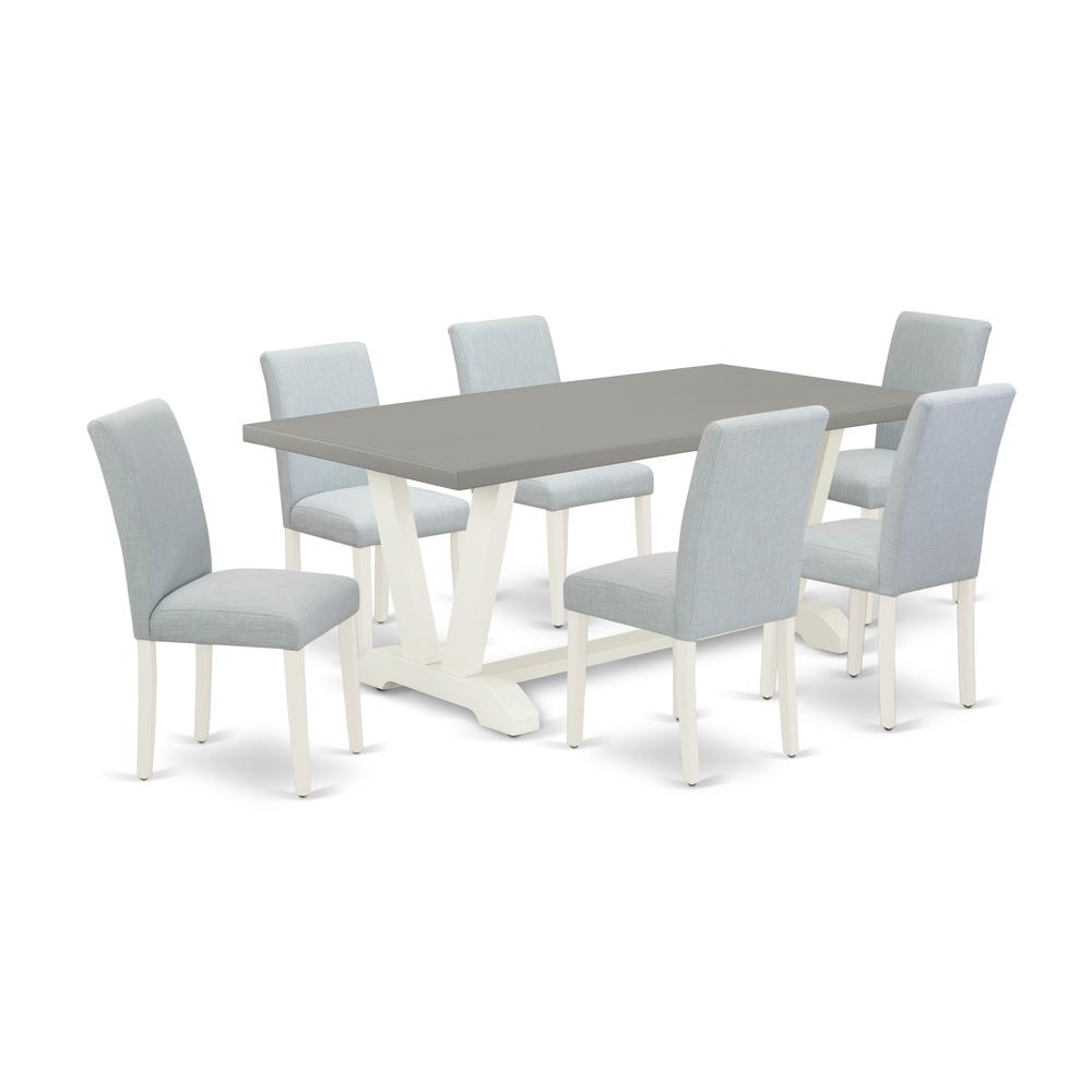 East West Furniture 7-Piece Dining Room Set Includes 6 Mid Century Modern Chairs with Upholstered Seat and High Back and a Rectangular Kitchen Table - Linen White Finish. Picture 1