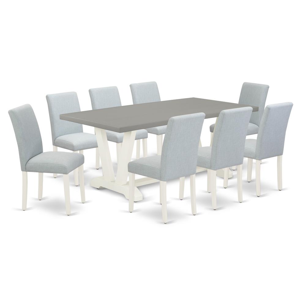 East West Furniture 9-Pc Table and Chairs Dining Set Includes 8 Dining Chairs with Upholstered Seat and High Back and a Rectangular Modern Dining Table - Linen White Finish. Picture 1