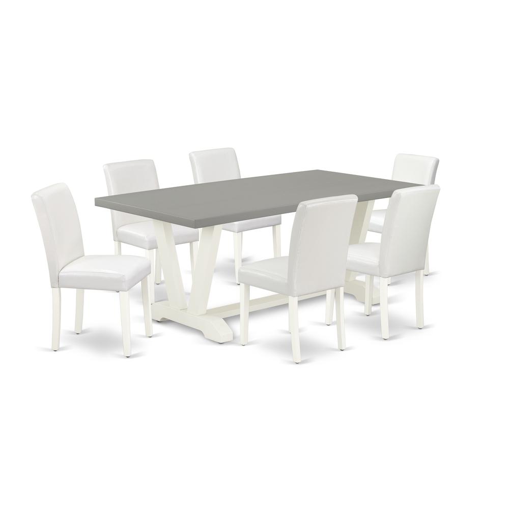 East West Furniture V097AB264-7 7-Piece Modern Dining Table Set an Excellent Cement Color Kitchen Table Top and 6 Stunning Pu Leather Parson Dining Chairs with Stylish Chair Back, Linen White Finish. Picture 1