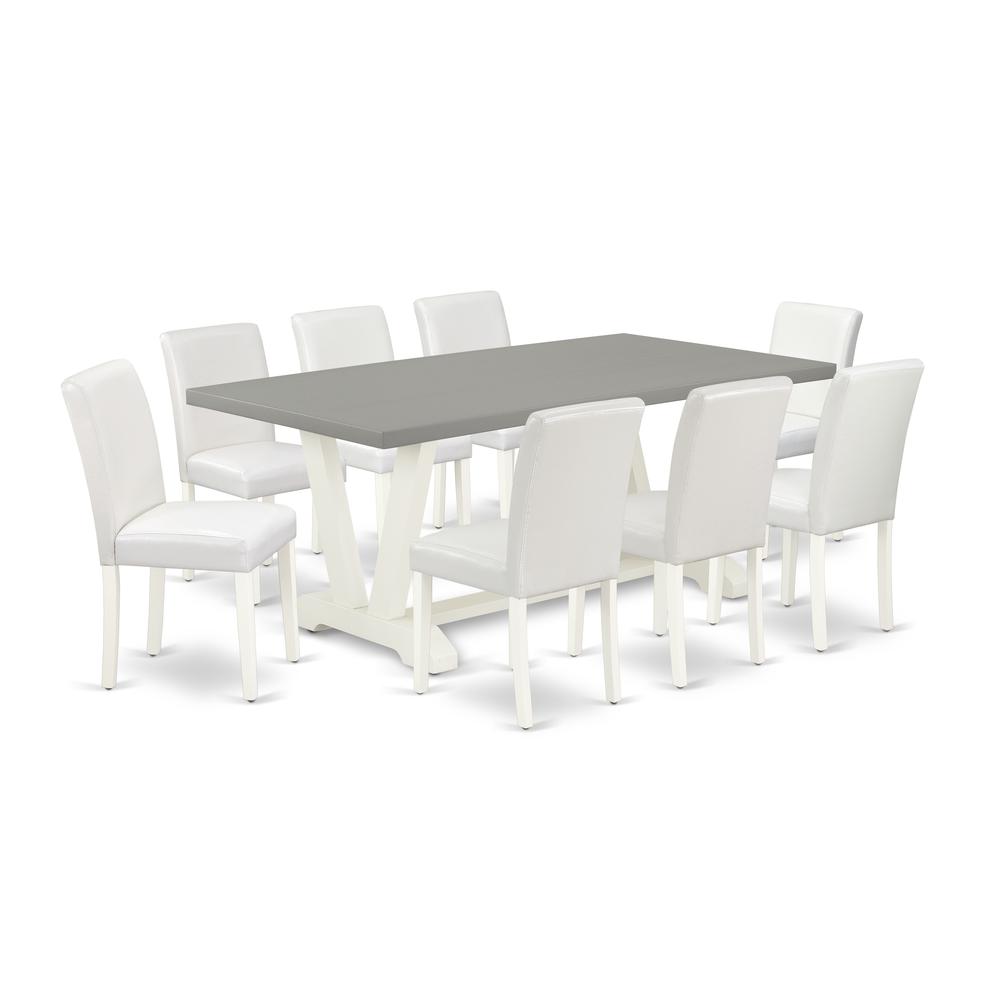 East West Furniture V097AB264-9 9-Piece Beautiful a Superb Cement Color Wood Dining Table Top and 8 Modern Pu Leather Dining Chairs with Stylish Chair Back, Linen White Finish. Picture 1