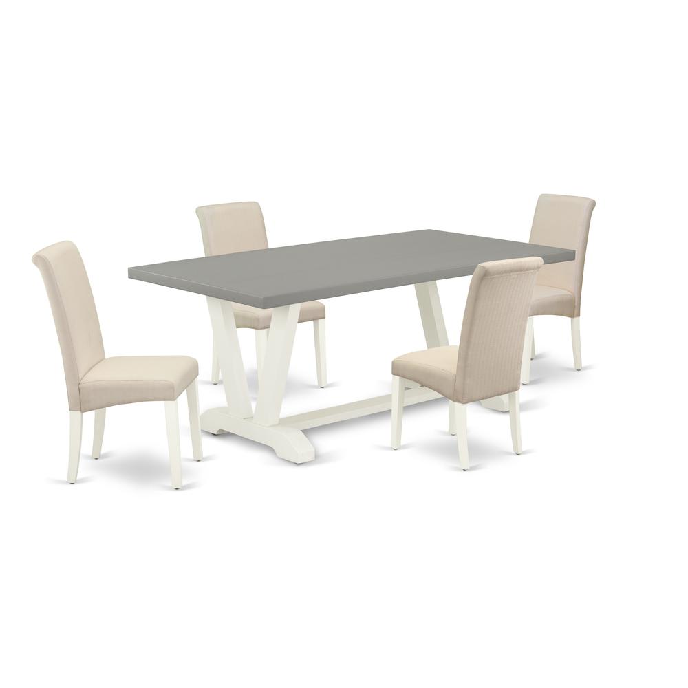 East West Furniture V097BA201-5 5-Piece Awesome Rectangular Dining Room Table Set a Superb Cement Color Wood Table Top and 4 Awesome Linen Fabric Dining Chairs with High Roll Chair Back, Linen White F. Picture 1